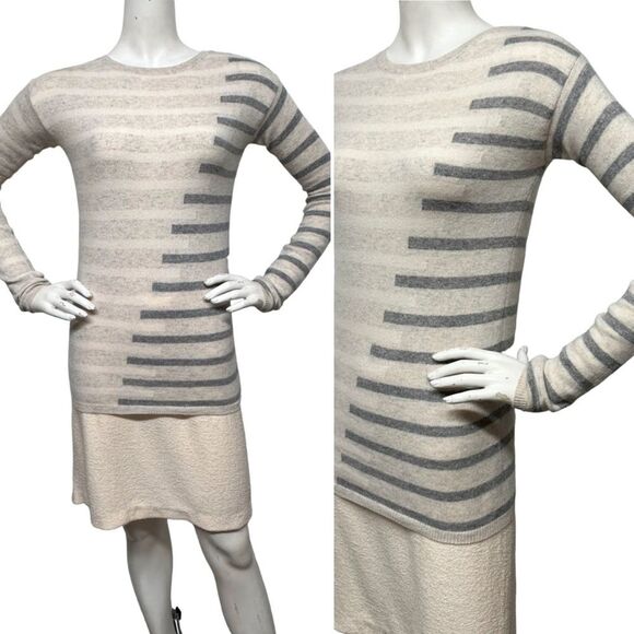 NEIMAN MARCUS 100% Cashmere Striped Pullover Sweater Heather Gray Vanilla XS - Picture 1 of 10